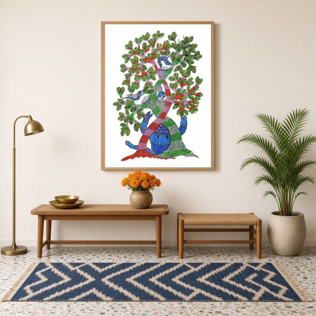 Immerse yourself in the vibrant world of Gond art with this captivating 'Enchanted Life Tree' for haven