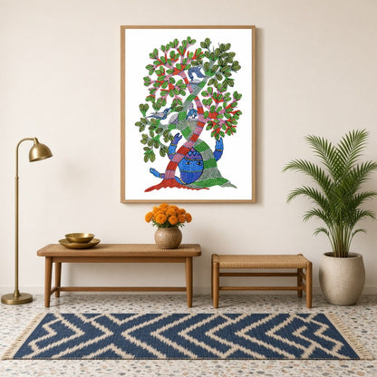 Immerse yourself in the vibrant world of Gond art with this captivating 'Enchanted Life Tree' for haven