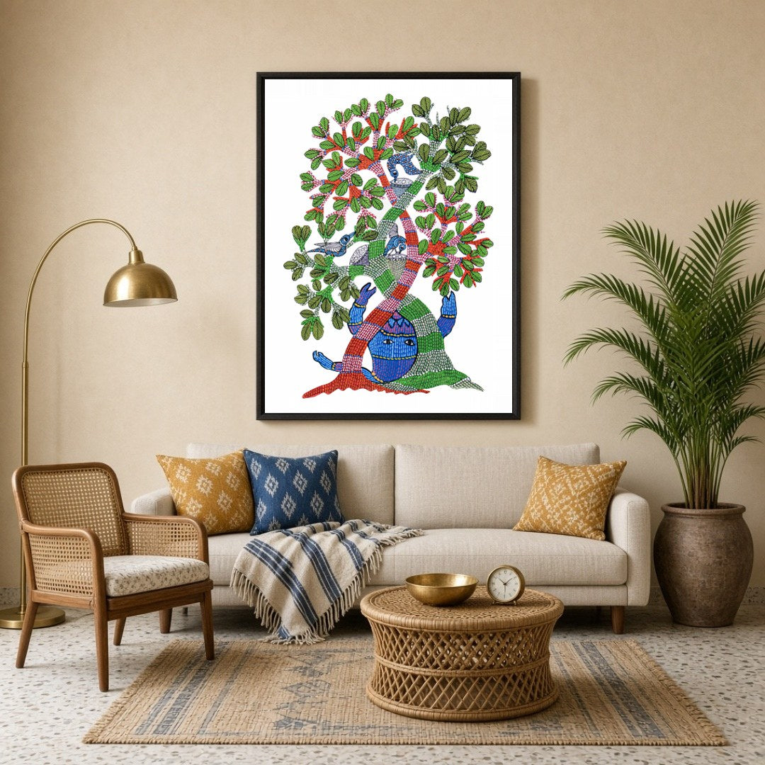 Immerse yourself in the vibrant world of Gond art with this captivating 'Enchanted Life Tree' for Living Room