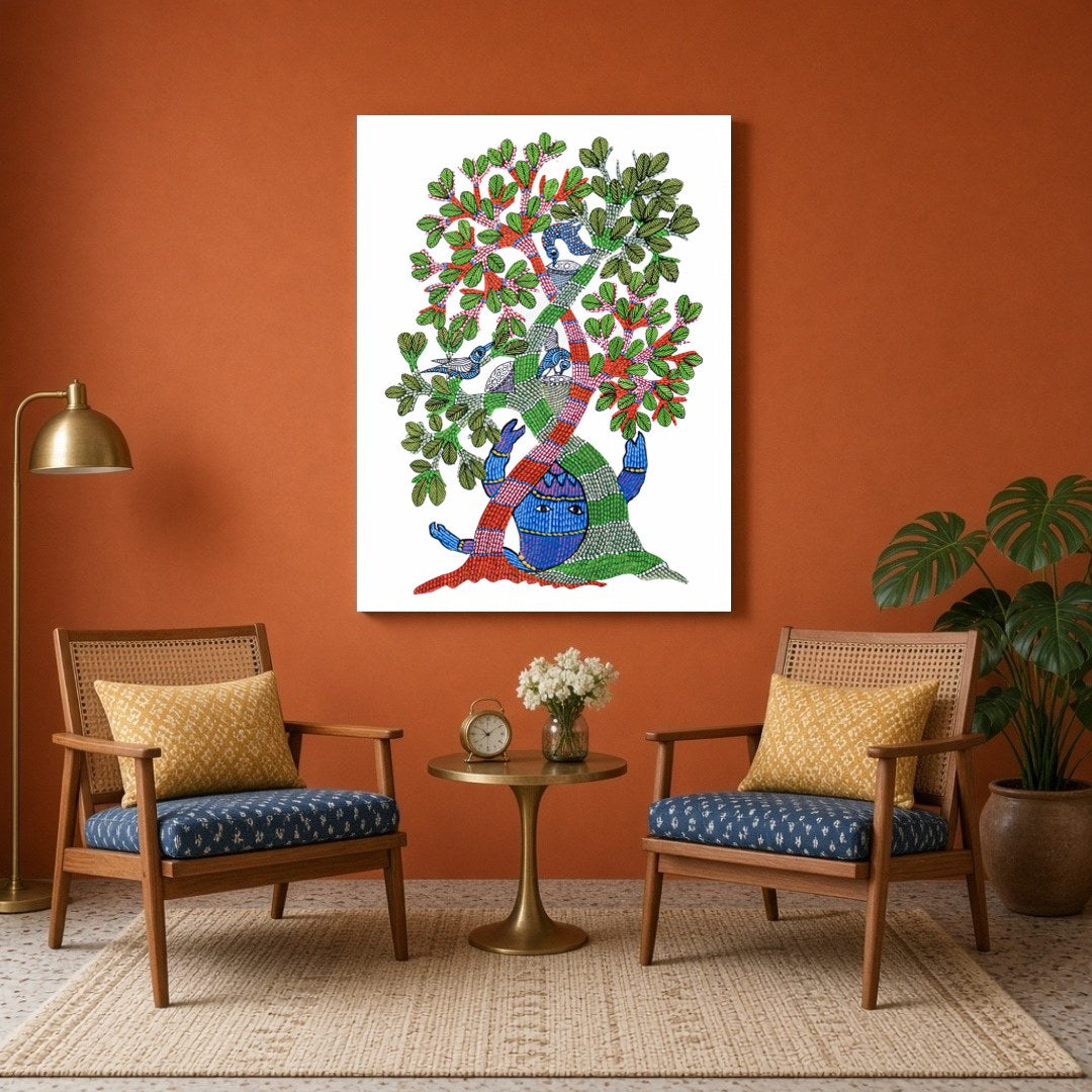 Immerse yourself in the vibrant world of Gond art with this captivating 'Enchanted Life Tree' for Sitting Area