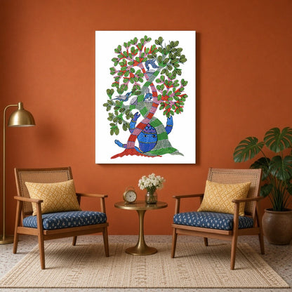 Immerse yourself in the vibrant world of Gond art with this captivating 'Enchanted Life Tree' for Sitting Area