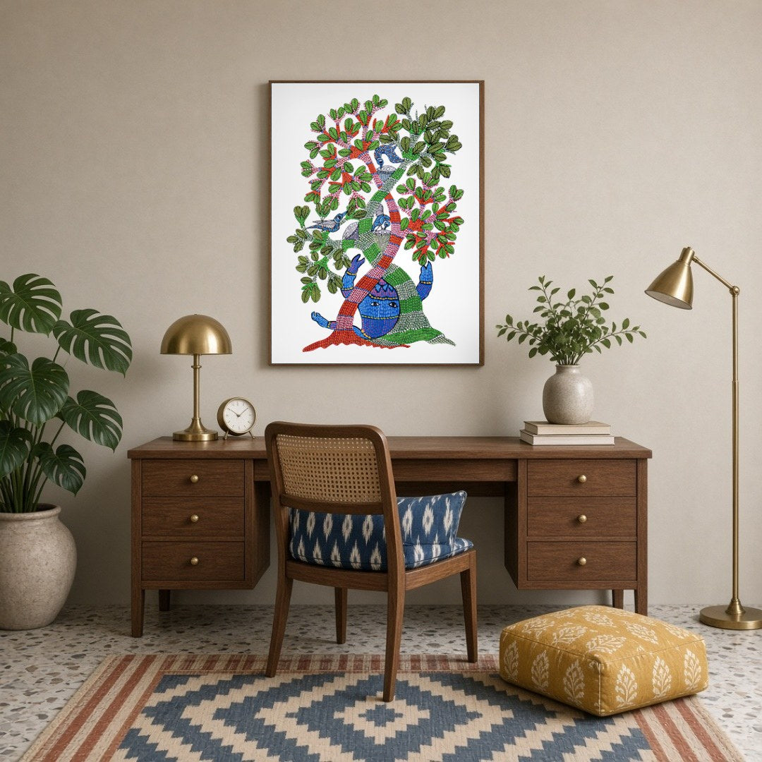 Immerse yourself in the vibrant world of Gond art with this captivating 'Enchanted Life Tree' for Study
