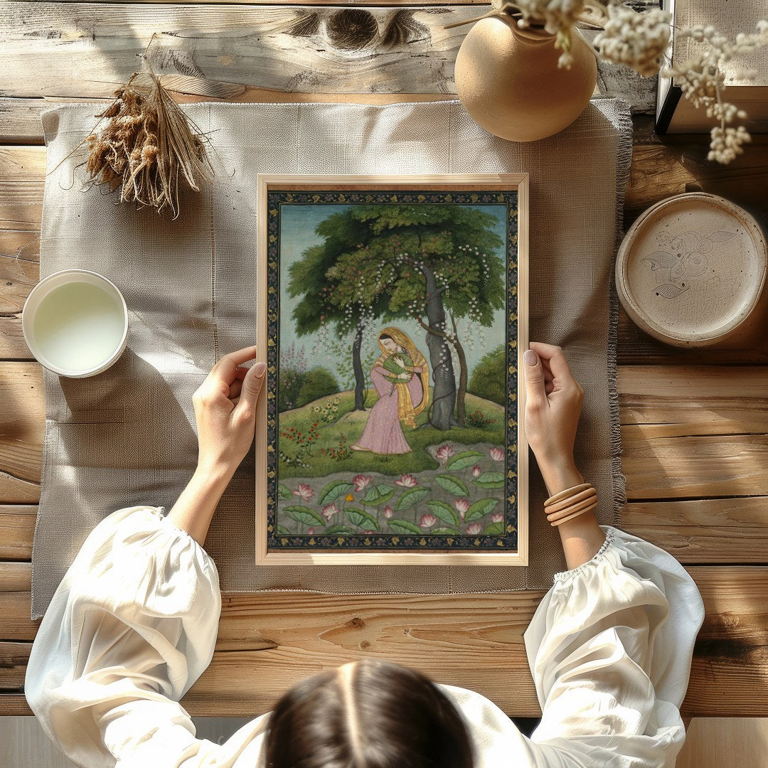 Step into a world of enchantment with this exquisite portrayal of serene contemplation amidst a for decor