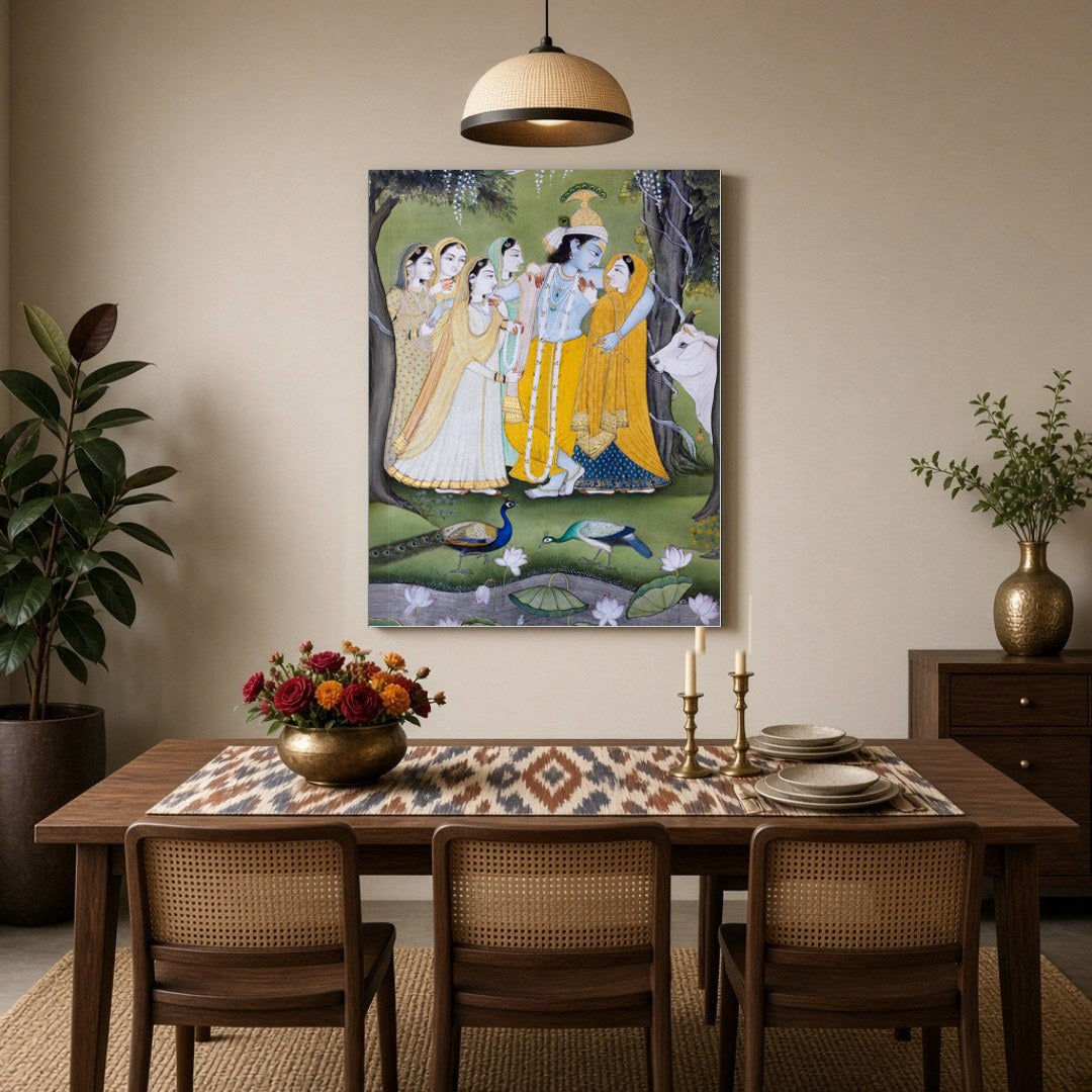 This exquisite Pichwai artwork captures the divine interaction between Krishna, Radha, and the for Dining