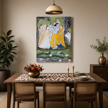 This exquisite Pichwai artwork captures the divine interaction between Krishna, Radha, and the for Dining
