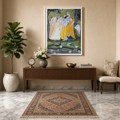 This exquisite Pichwai artwork captures the divine interaction between Krishna, Radha, and the for Entrance