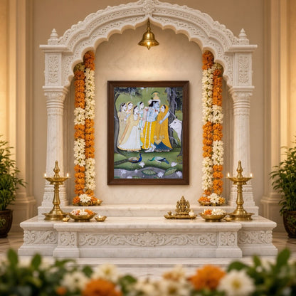 This exquisite Pichwai artwork captures the divine interaction between Krishna, Radha, and the for Home Temple