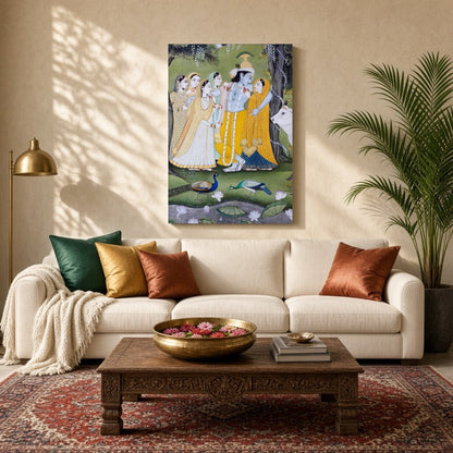 This exquisite Pichwai artwork captures the divine interaction between Krishna, Radha, and the for Living Room