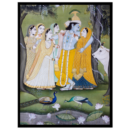 This exquisite Pichwai artwork captures the divine interaction between Krishna, Radha, and the for space