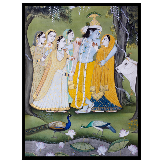 This exquisite Pichwai artwork captures the divine interaction between Krishna, Radha, and the for space