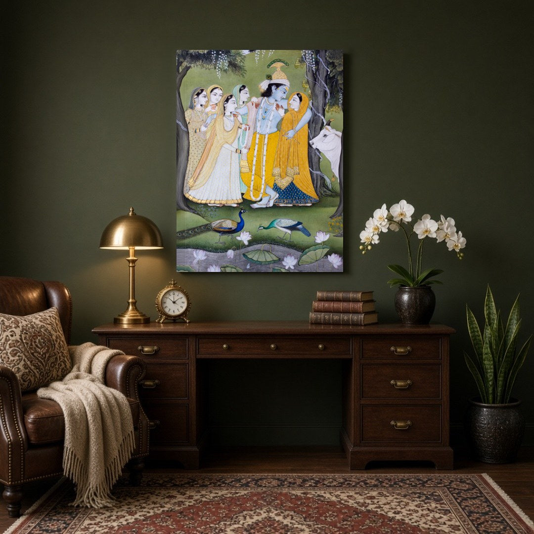 This exquisite Pichwai artwork captures the divine interaction between Krishna, Radha, and the for Study