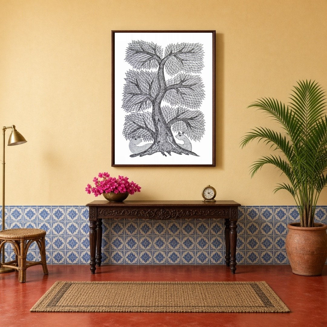 This captivating Gond Art piece beautifully showcases the intricate Tree of Life, a symbol of for Hallway