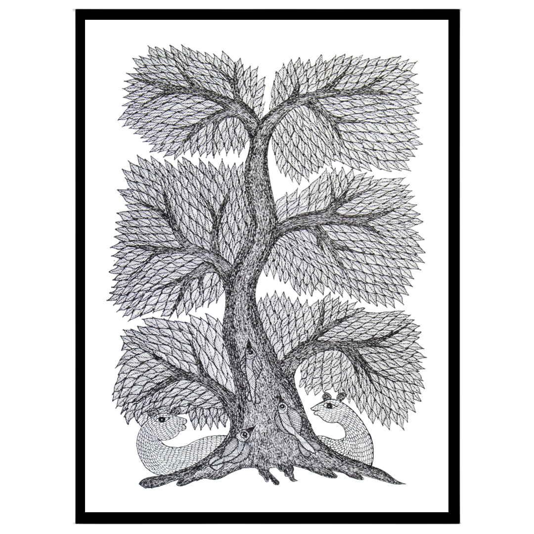 This captivating Gond Art piece beautifully showcases the intricate Tree of Life, a symbol of for home