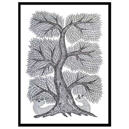 This captivating Gond Art piece beautifully showcases the intricate Tree of Life, a symbol of for home