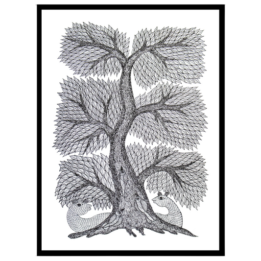 This captivating Gond Art piece beautifully showcases the intricate Tree of Life, a symbol of for home