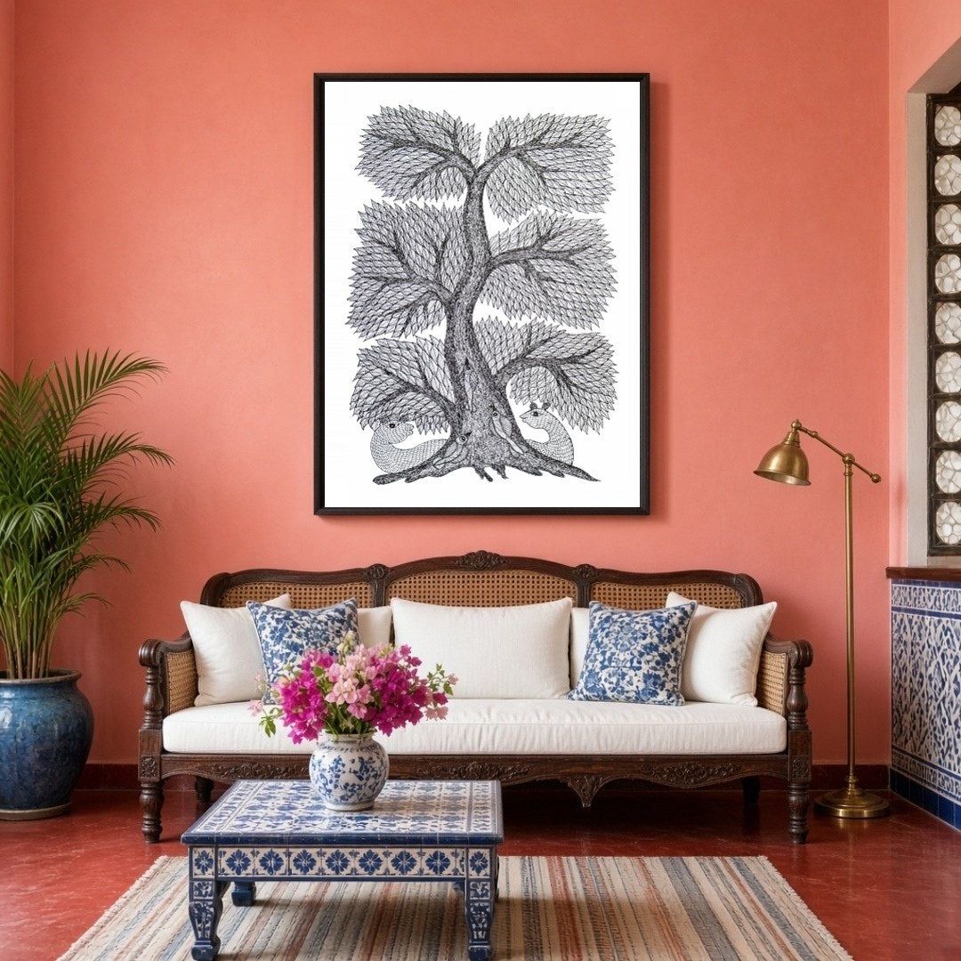 This captivating Gond Art piece beautifully showcases the intricate Tree of Life, a symbol of for Living Room