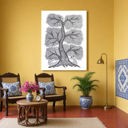 This captivating Gond Art piece beautifully showcases the intricate Tree of Life, a symbol of for Sitting Area
