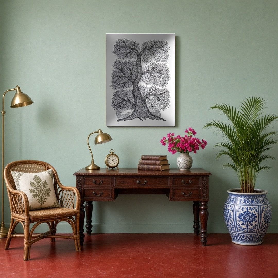 This captivating Gond Art piece beautifully showcases the intricate Tree of Life, a symbol of for Study