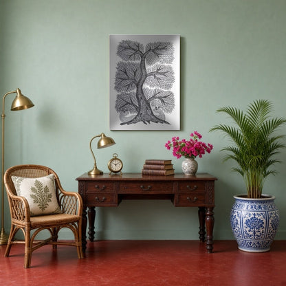 This captivating Gond Art piece beautifully showcases the intricate Tree of Life, a symbol of for Study