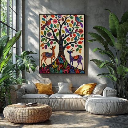 This captivating artwork features a whimsically intricate tree adorned with colorful birds and for Balcony