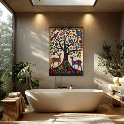 This captivating artwork features a whimsically intricate tree adorned with colorful birds and for Bathroom