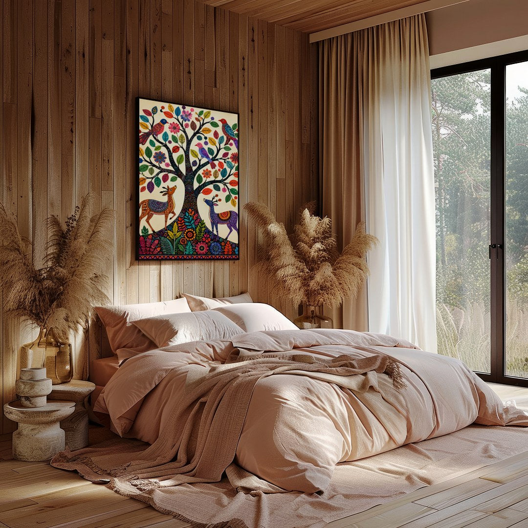 This captivating artwork features a whimsically intricate tree adorned with colorful birds and for Bedroom