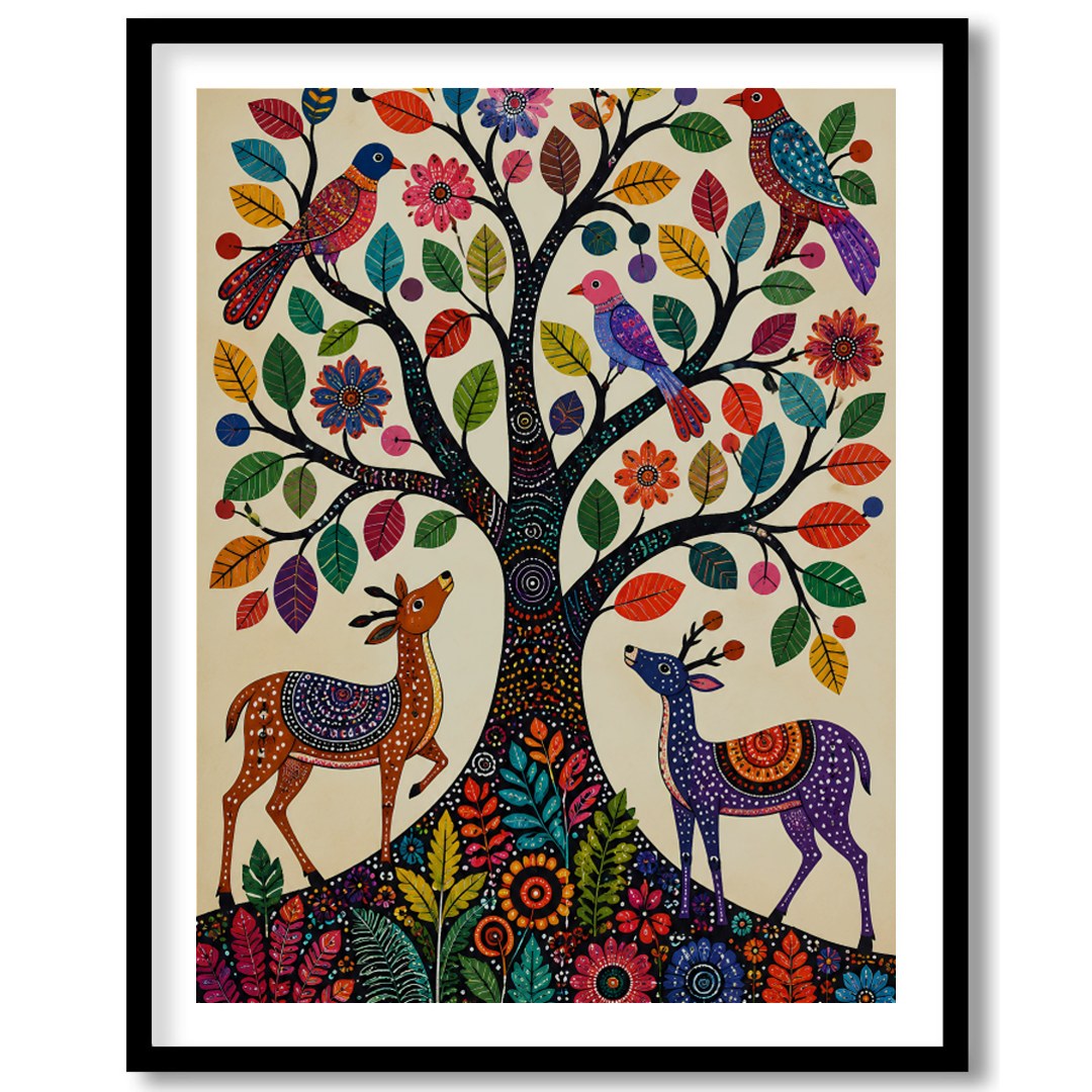This captivating artwork features a whimsically intricate tree adorned with colorful birds and for dwelling
