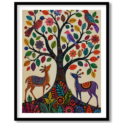 This captivating artwork features a whimsically intricate tree adorned with colorful birds and for dwelling