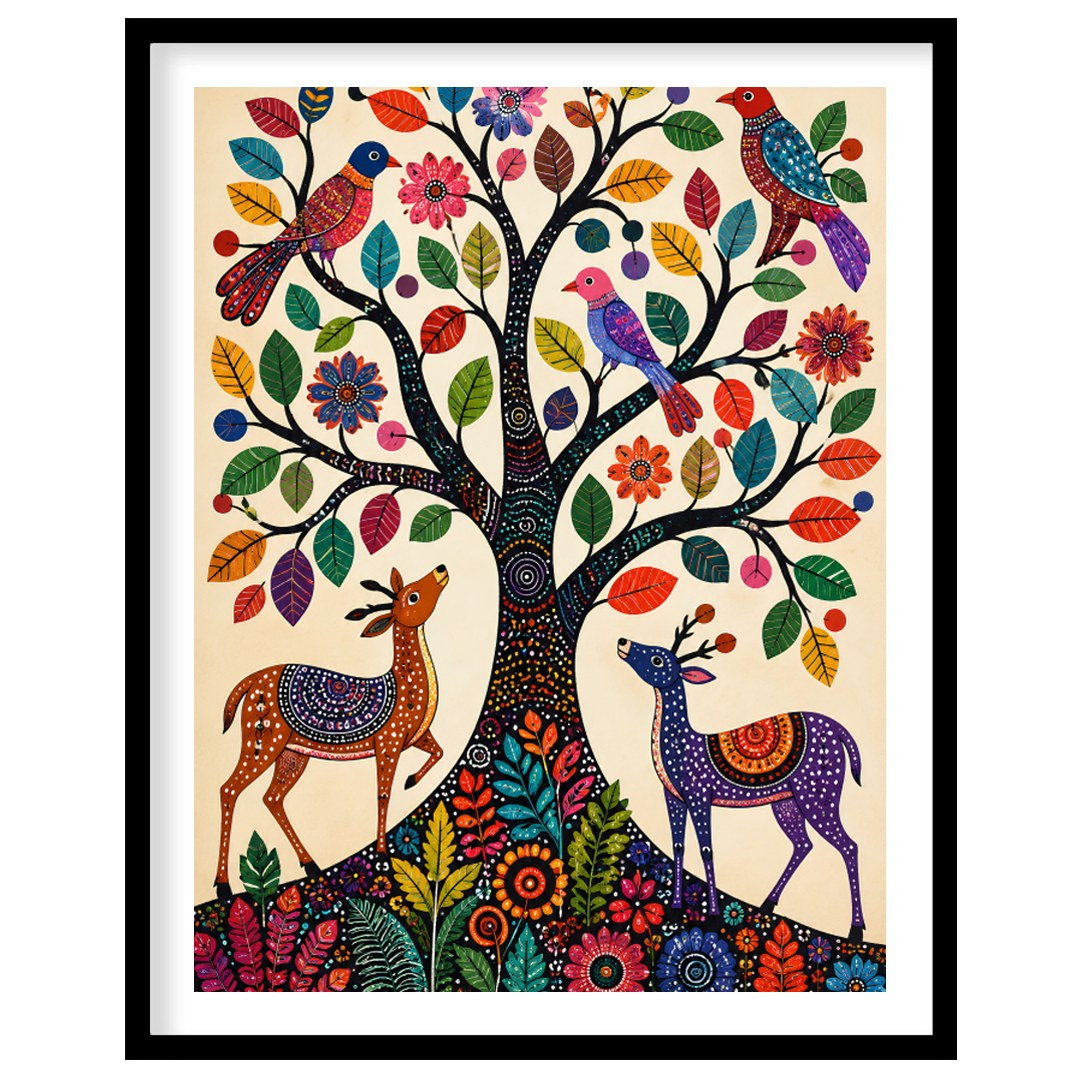 This captivating artwork features a whimsically intricate tree adorned with colorful birds and for dwelling