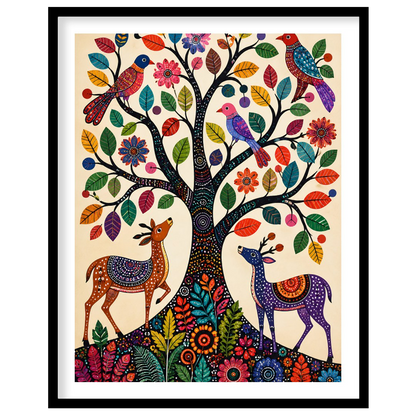 This captivating artwork features a whimsically intricate tree adorned with colorful birds and for dwelling