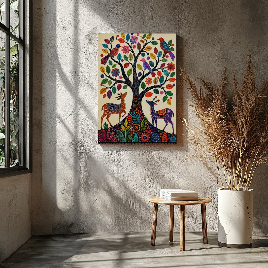 This captivating artwork features a whimsically intricate tree adorned with colorful birds and for Entrance