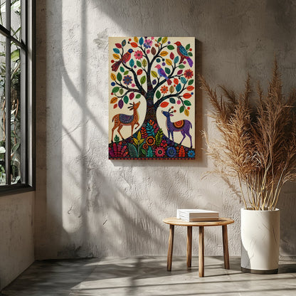 This captivating artwork features a whimsically intricate tree adorned with colorful birds and for Entrance