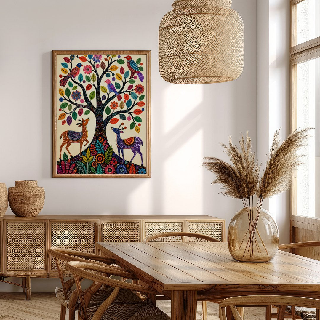 This captivating artwork features a whimsically intricate tree adorned with colorful birds and for Extra Kitchen