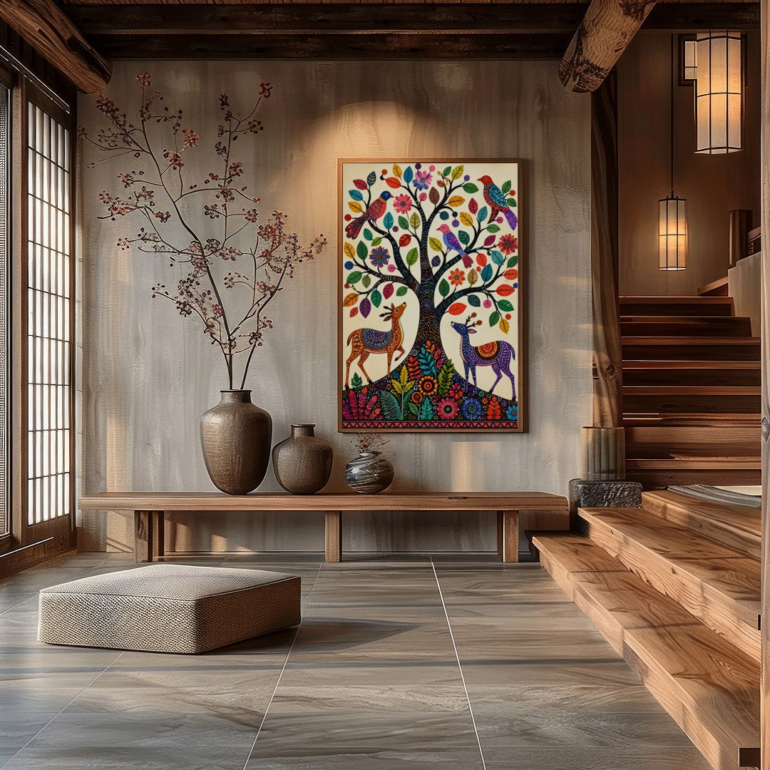 This captivating artwork features a whimsically intricate tree adorned with colorful birds and for Hall