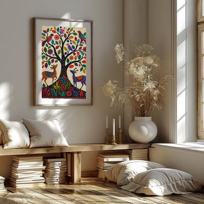 This captivating artwork features a whimsically intricate tree adorned with colorful birds and for house
