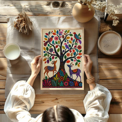 This captivating artwork features a whimsically intricate tree adorned with colorful birds and for Kitchen