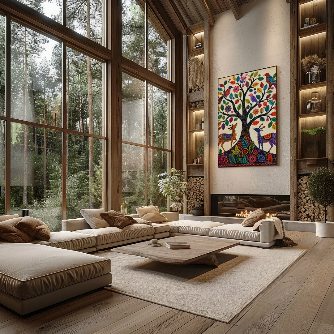 This captivating artwork features a whimsically intricate tree adorned with colorful birds and for Living Room