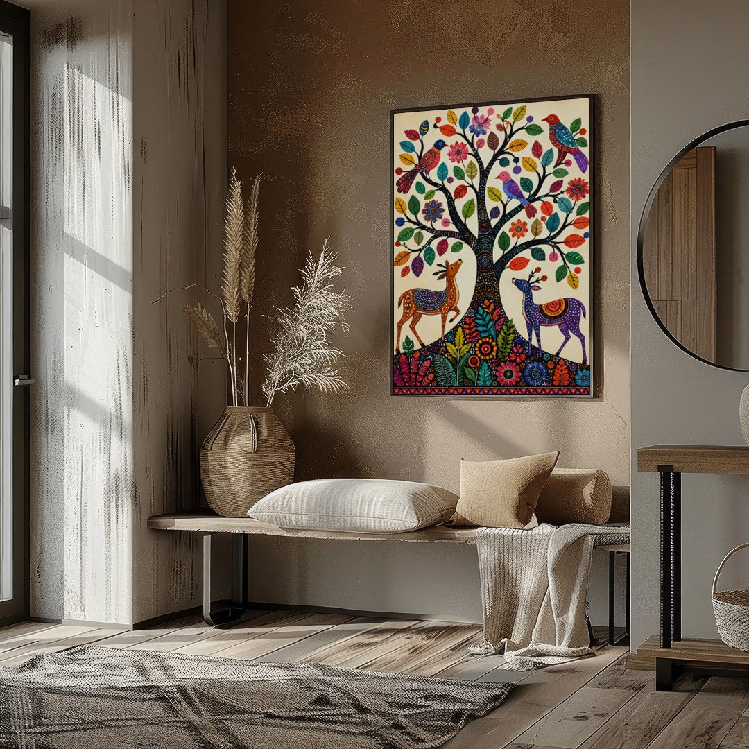 This captivating artwork features a whimsically intricate tree adorned with colorful birds and for place