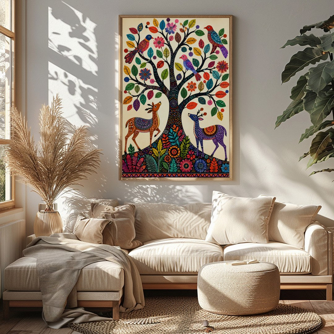 This captivating artwork features a whimsically intricate tree adorned with colorful birds and for Sitting Area
