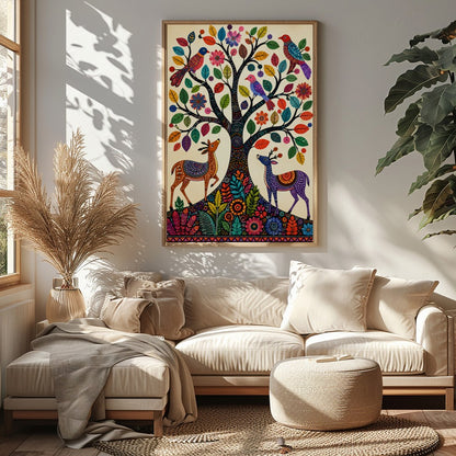 This captivating artwork features a whimsically intricate tree adorned with colorful birds and for Sitting Area