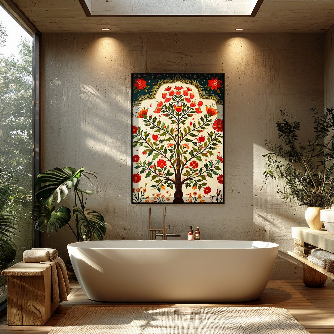 Experience the timeless allure of this vibrant floral artwork, featuring an exquisite tree design for Bathroom