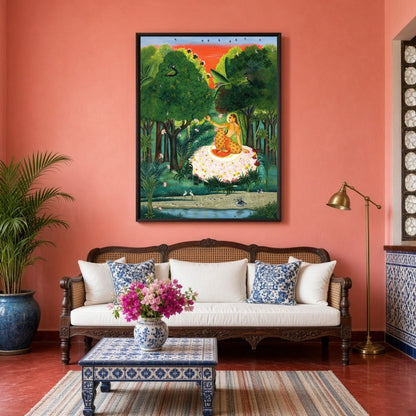 Immerse yourself in the serene beauty of 'Enchanting Kamod Ragini Amidst Verdant Forest.' This for Living Room