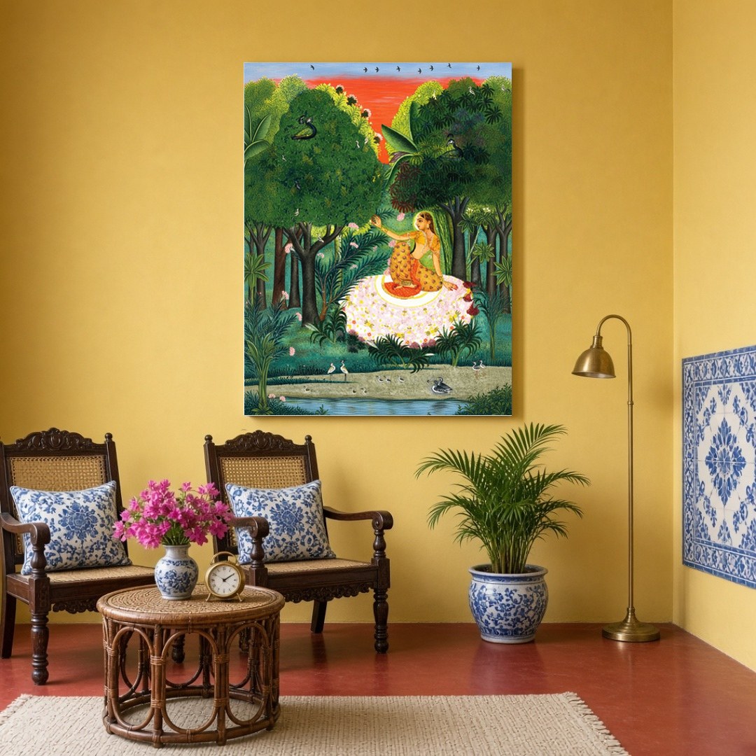 Immerse yourself in the serene beauty of 'Enchanting Kamod Ragini Amidst Verdant Forest.' This for Sitting Area