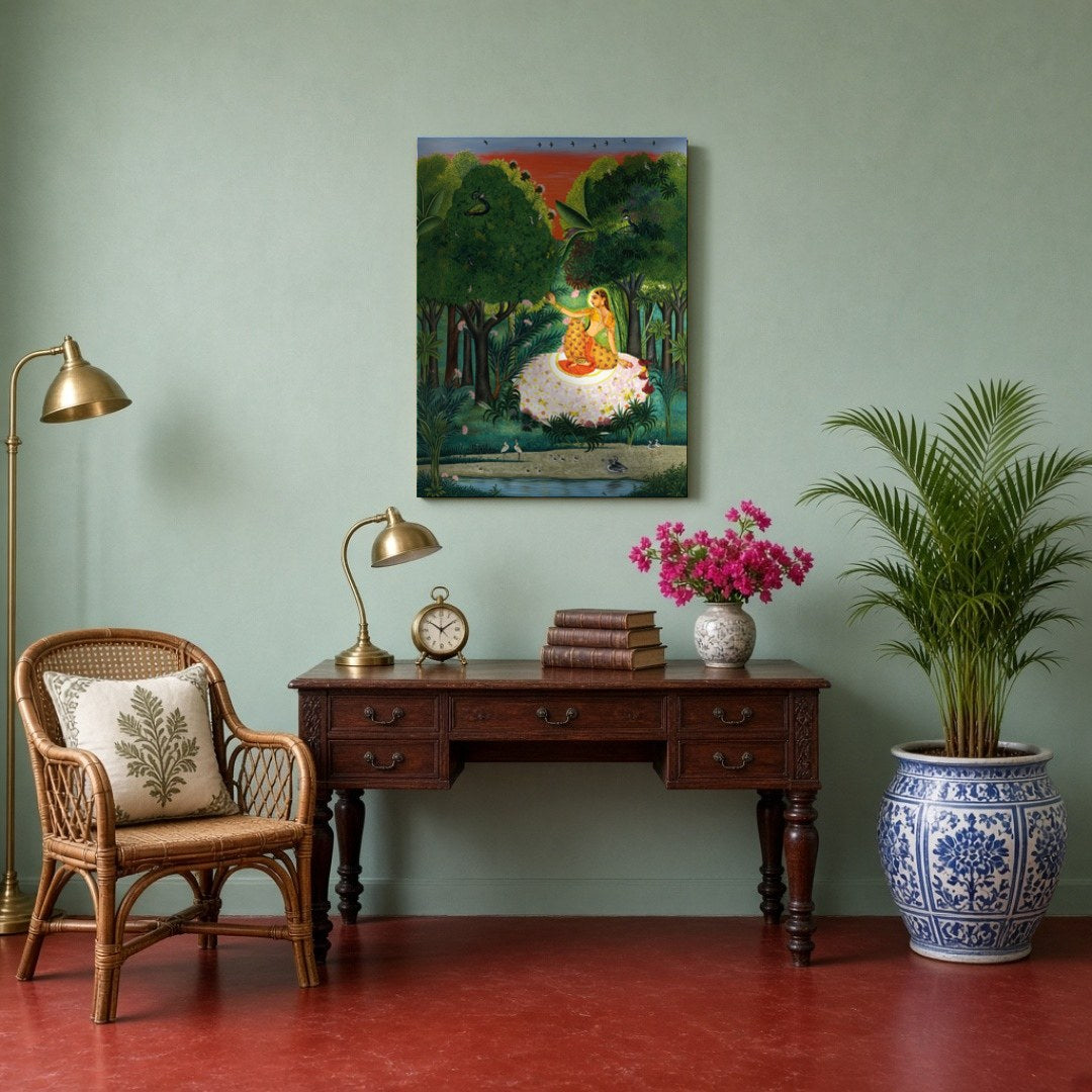 Immerse yourself in the serene beauty of 'Enchanting Kamod Ragini Amidst Verdant Forest.' This for Study