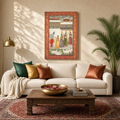 Experience the divine allure of Krishna as he enchants the Gopis with the melodious notes of his for Living Room