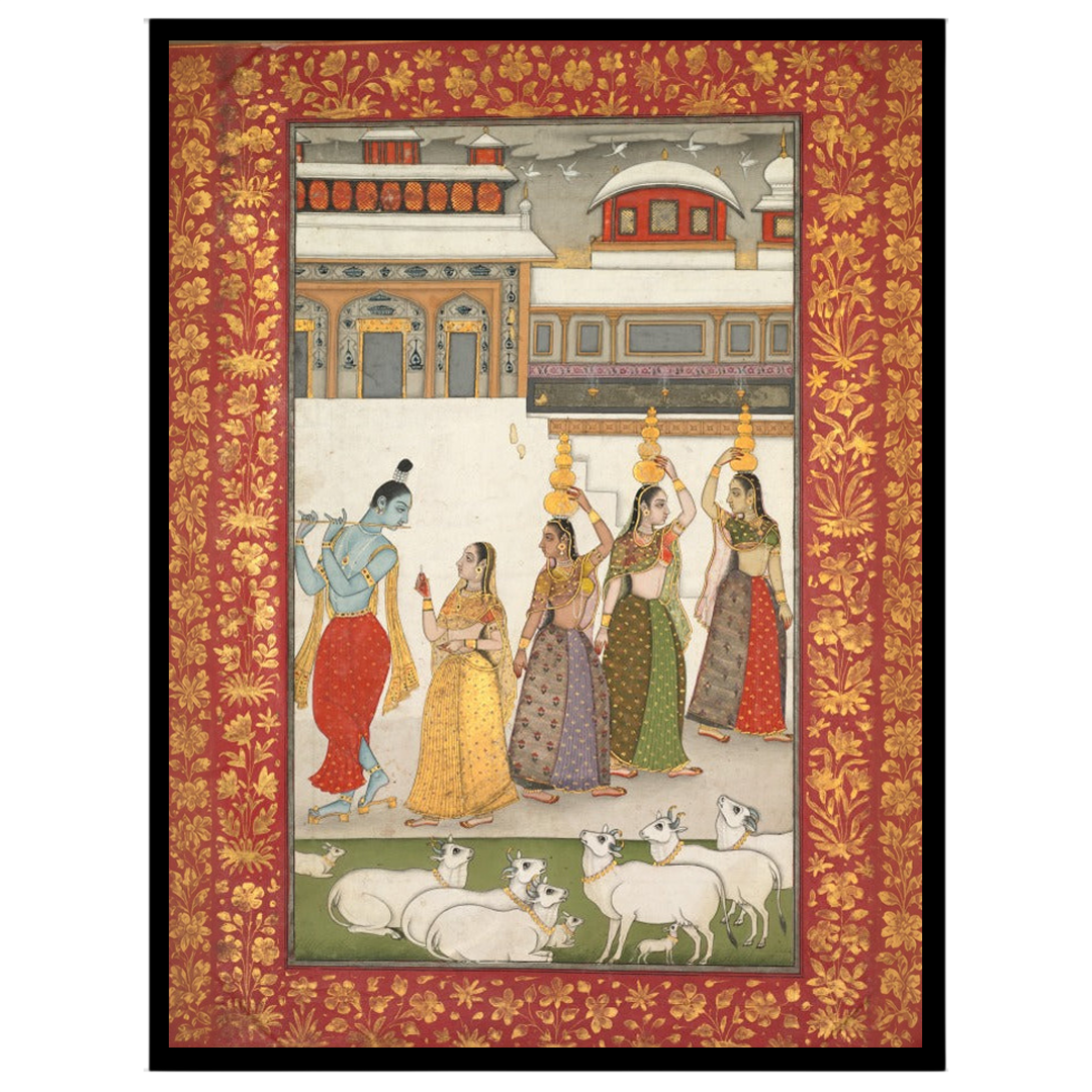 Experience the divine allure of Krishna as he enchants the Gopis with the melodious notes of his for residence