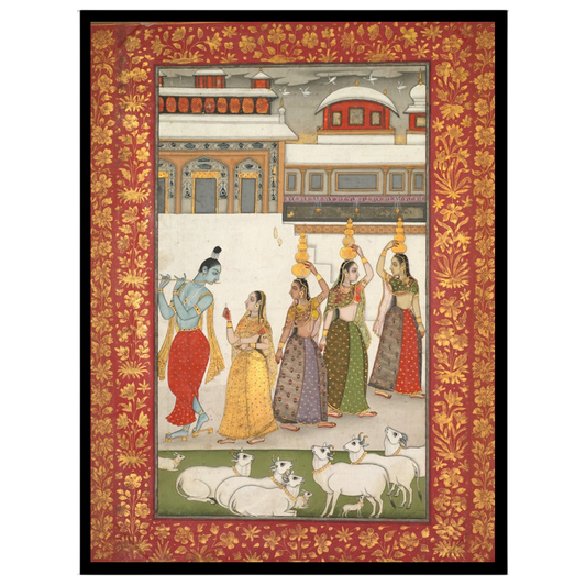 Experience the divine allure of Krishna as he enchants the Gopis with the melodious notes of his for residence