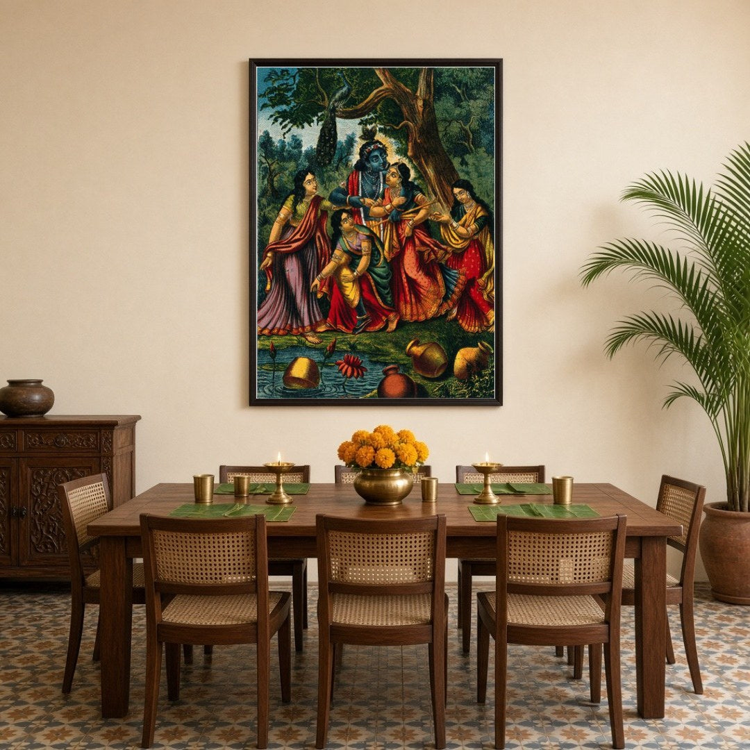 Immerse yourself in the divine allure of this exquisite artwork, depicting Krishna playfully for Dining