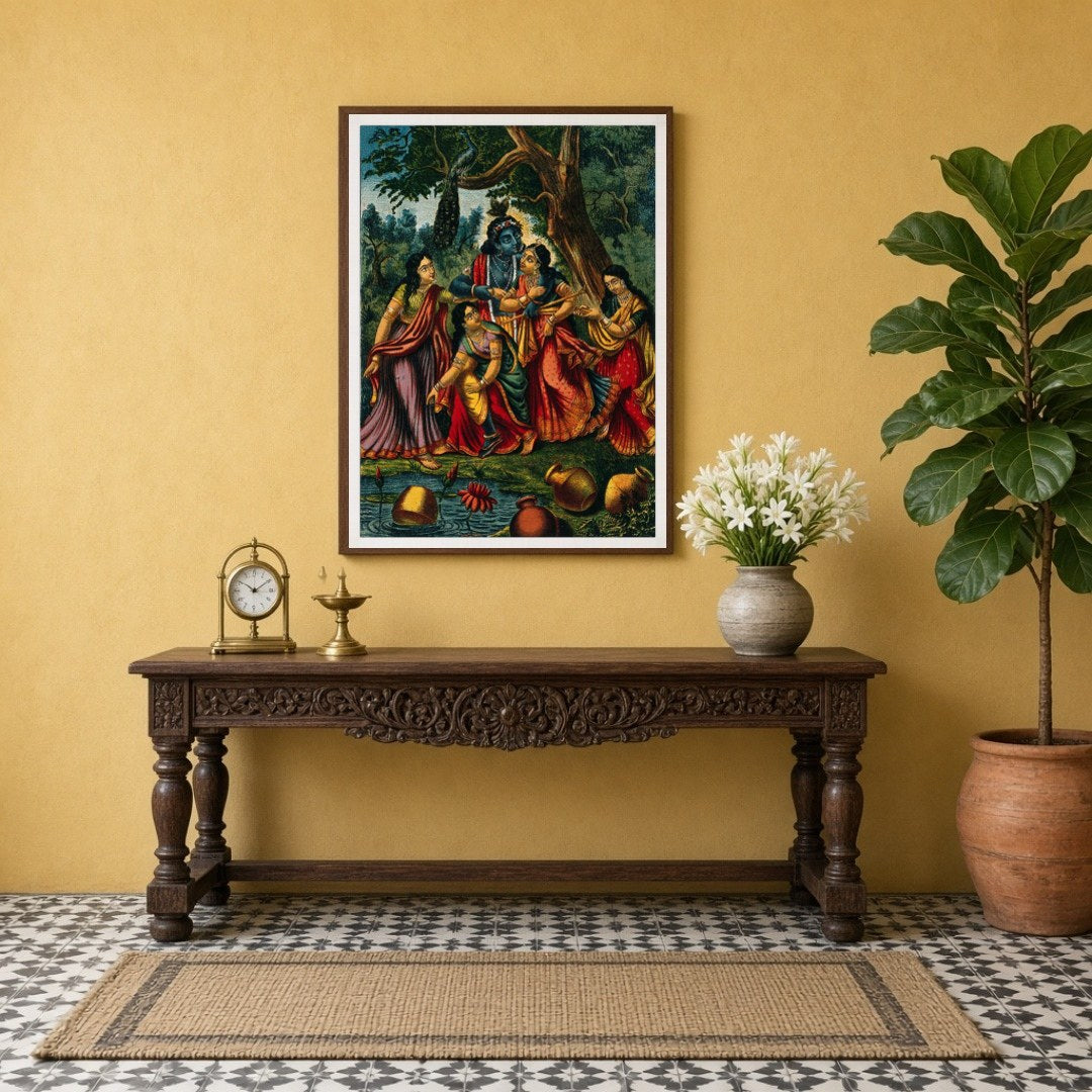 Immerse yourself in the divine allure of this exquisite artwork, depicting Krishna playfully for Entrance