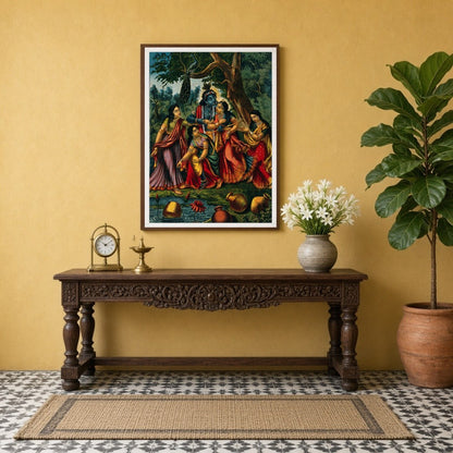 Immerse yourself in the divine allure of this exquisite artwork, depicting Krishna playfully for Entrance